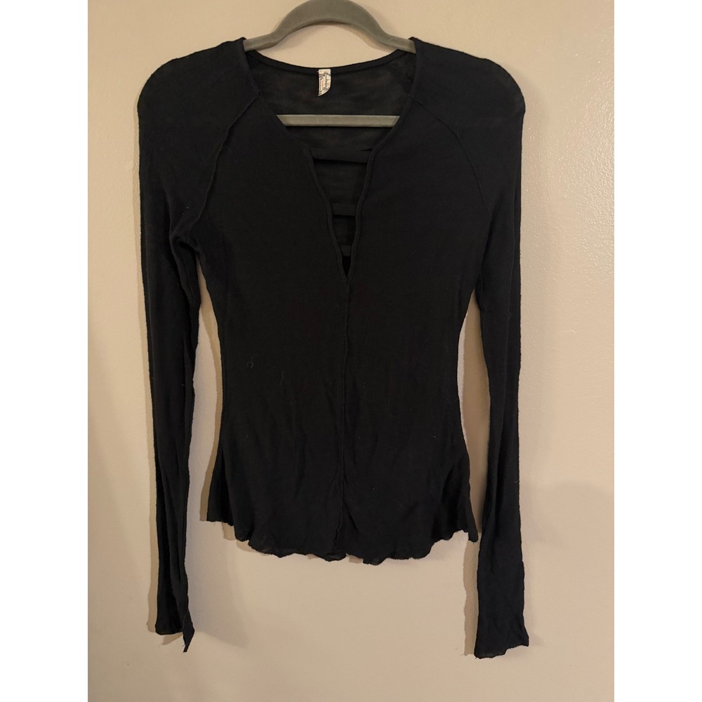 Intimately Free People Black Strappy V-Neck Long Sleeve Top‎ Small S P Boho Knit
